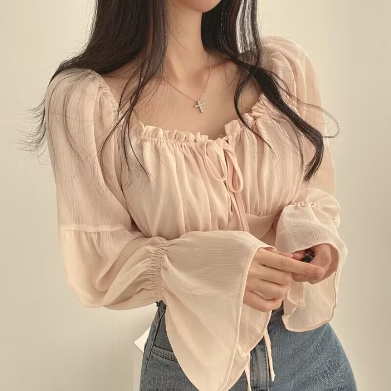 Korean Chic Summer 2025 Fungus Lace-Up Square Collar Waist Trumpet Sleeve Chiffon Shirt Short Shirt for Women Summer
