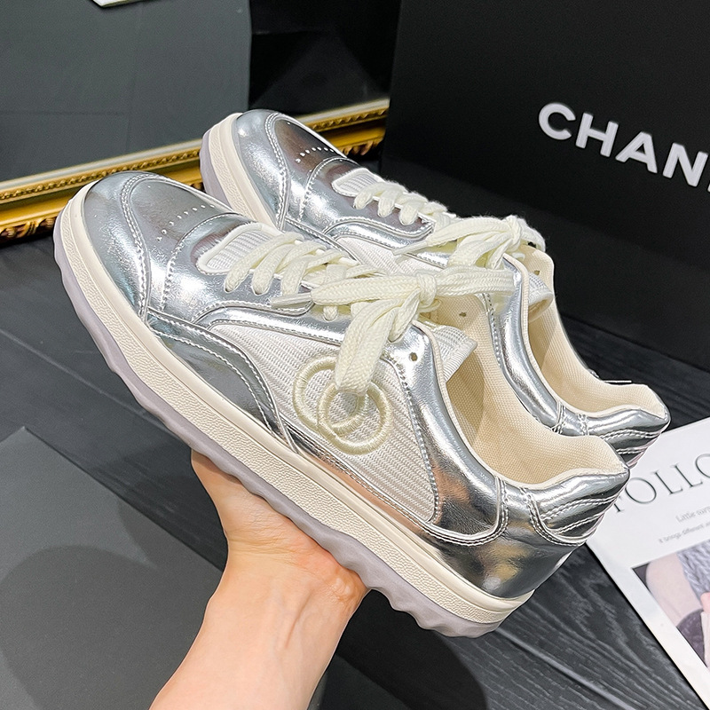 Cowhide White Shoes 2024 Spring New Thick-Soled Sports Versatile Casual Shoes for Women Small Fragrant Flats-Soled Dad Shoes for Women