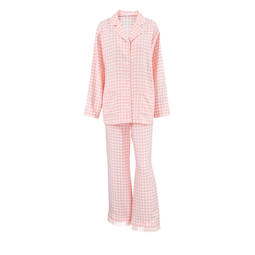2023 European and American foreign trade fashion autumn waffle feather pajamas two-piece silk pink home clothes