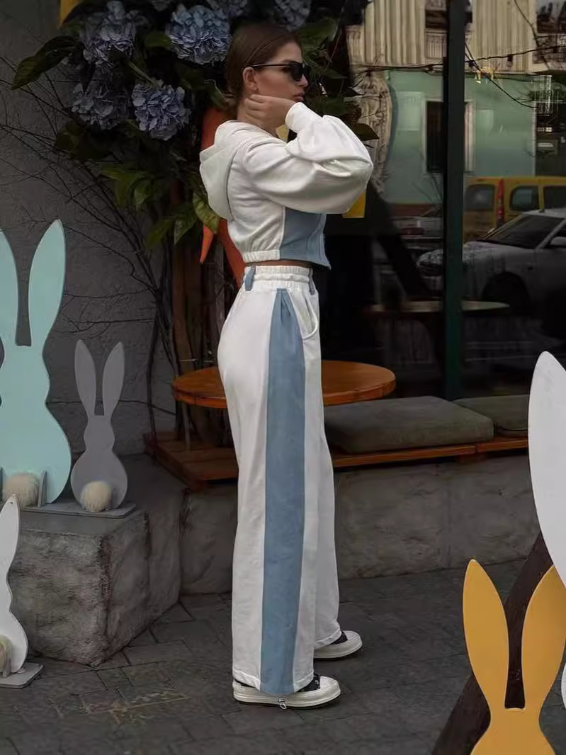 Picture of 2025 Cross-Border European and American Style Fashion Casual Sweatshirt Suit Denim Splicing Hooded Top and Pants Two-Piece Set for Women