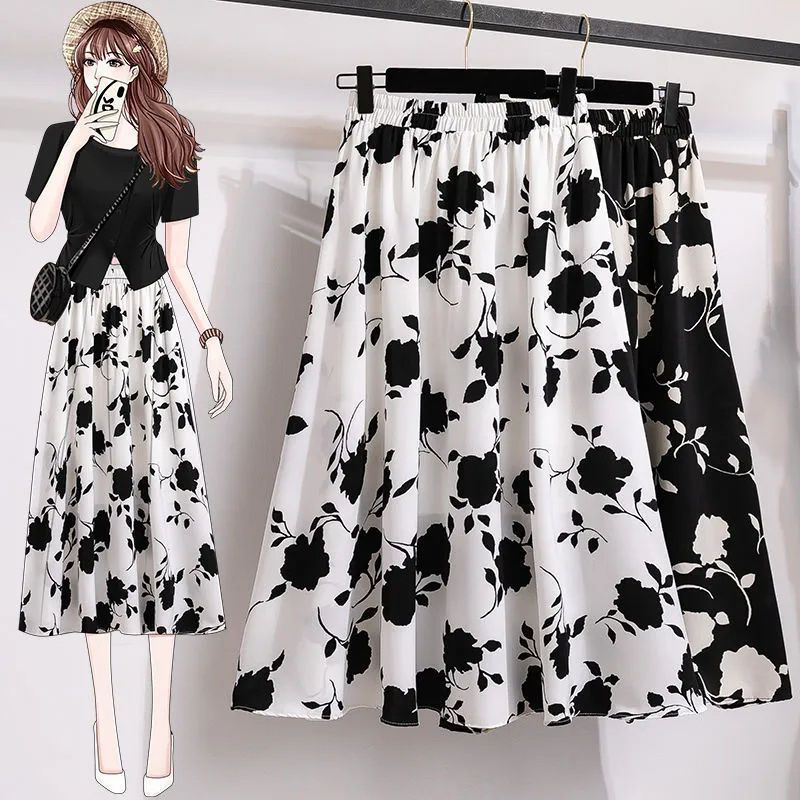 Women's plus size Dress High Waist Slimming Hip Covering Large Swing Skirt 2024 Summer chubby girl Mid-Length Stylish Rose Skirt