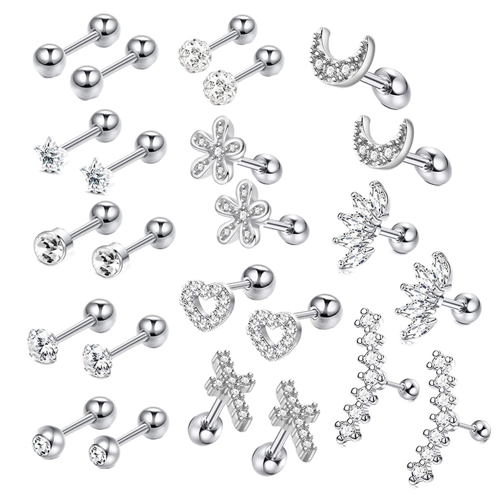 Amazon Zircon Threaded Earrings Stainless Steel Piercing Ear Bone Nail Set Cartilage Earrings Set
