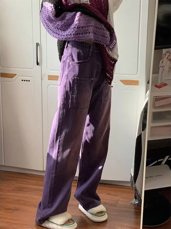 American Style Retro Purple Washed Antique Loose Straight Wide Leg Piled-up plus size Pants