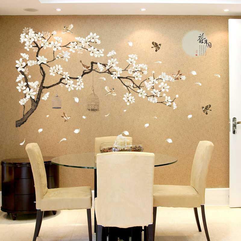 2025 New Flower and Moon Full Chinese Style Elegant Birdcage Bedroom Background Decoration Waterproof Removable Wall Sticker