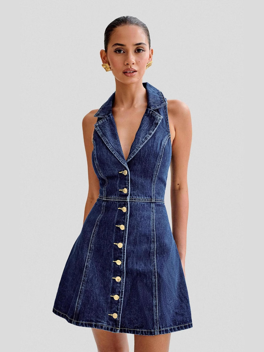Cross-border Europe and the United States retro temperament neck hanging Denim dress 2025 summer new lapel slim A- line skirt women