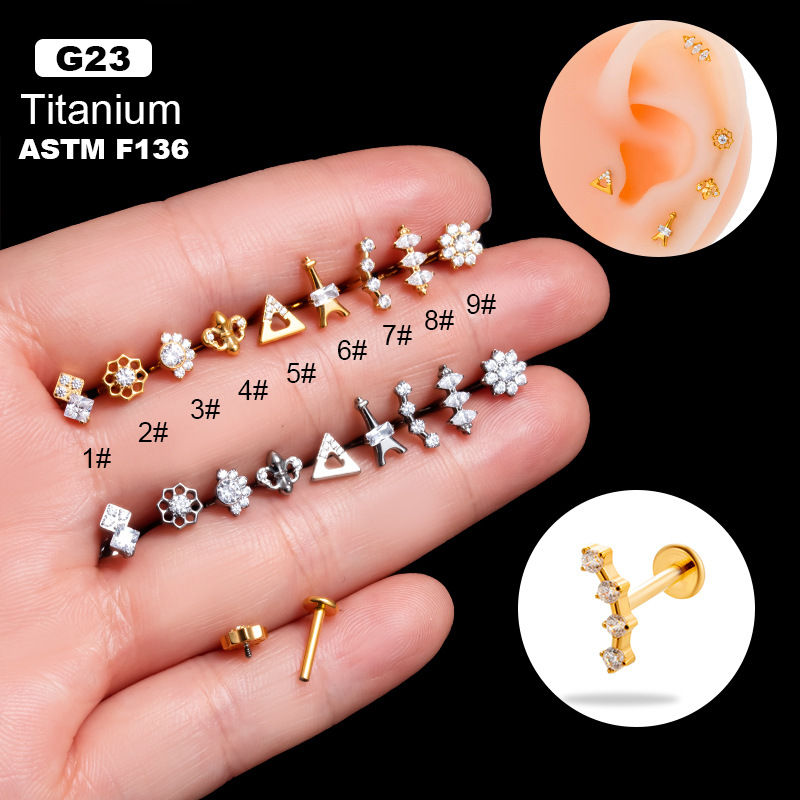 Henson new G23 titanium inlaid zircon internal teeth screw lip nail Rod ear bone nail fashion cartilage piercing earrings
