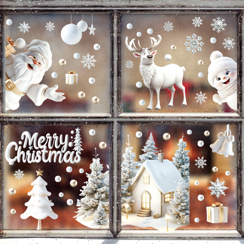 New Amazon 3D White Santa Elk Snowman Electrostatic Window Stickers Window Glass Christmas Decoration Stickers