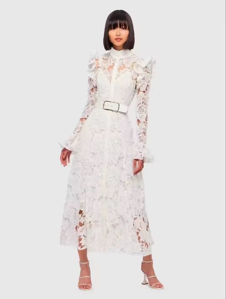 Cross-border supply independent station Amazon Australia niche tide brand hollow lace horn sleeve goddess temperament long skirt autumn