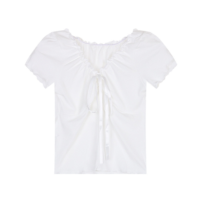 Picture of Muffled Short-sleeved T-shirt Women's 2024 New Summer Sweet and Spicy Bow Design Sense Slim-fit Short Strap Top