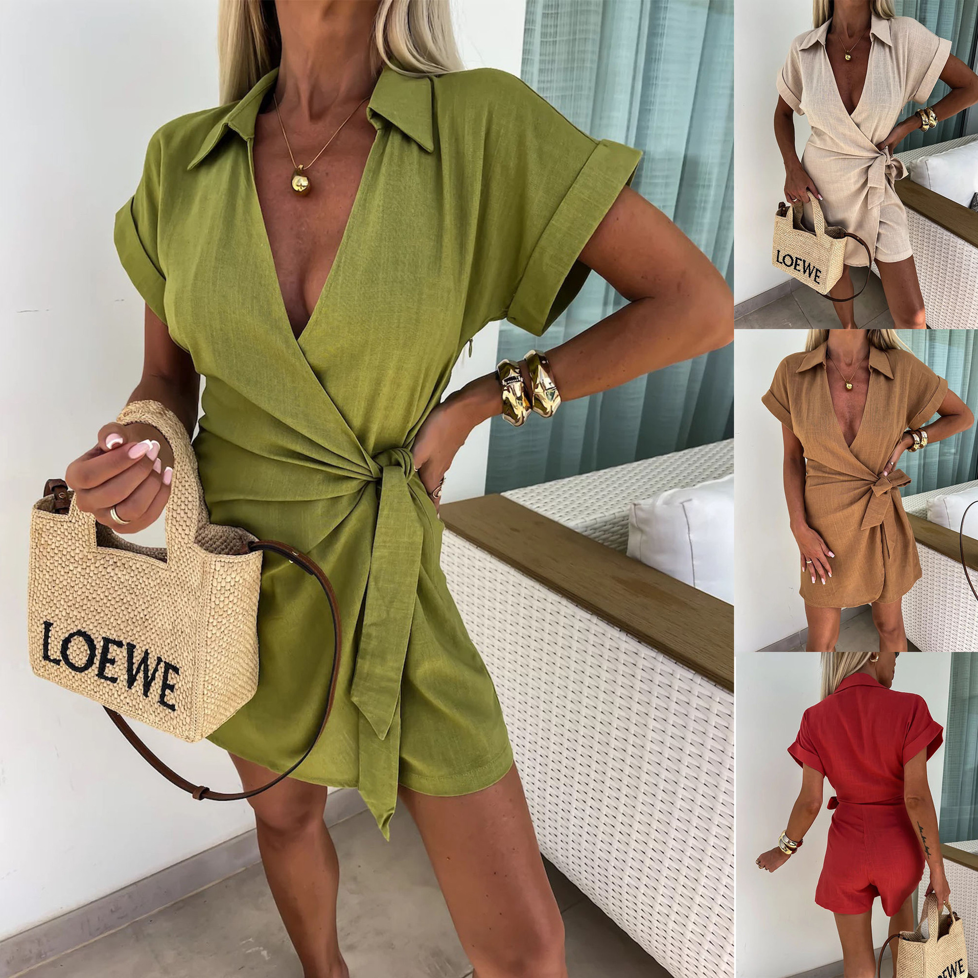 European and American Summer Women's Clothing Amazon Temu Popular Short-Sleeved Cotton and Linen Tops and Jumpsuits