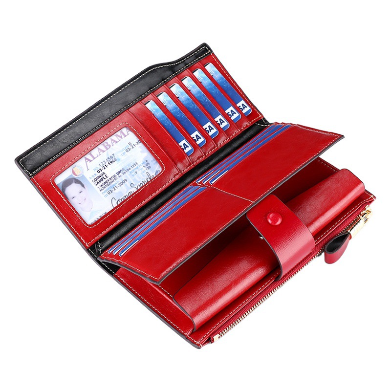 Cross-border Top-layer Leather Long Women's Wallet RFID Anti-theft Brush Multifunctional Retro Wallet Oil Wax Leather Clutch