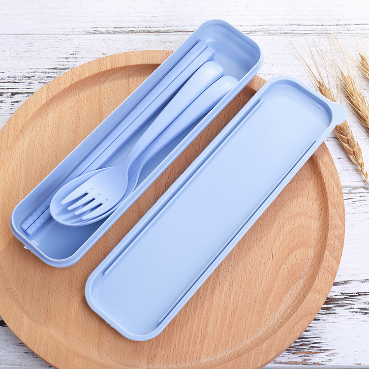 Picture of Wheat Straw Tableware Fork, Spoon and Chopsticks Three-Piece Set Scandinavian Color Kidsren's Outdoor Travel Picnic Portable Tableware Set