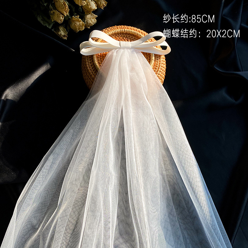 Picture of 2024 New Arrival Bow Veil Super Fairy Wedding Travel Photo White Satin Mesh Hairpin Bridal Hair Accessories