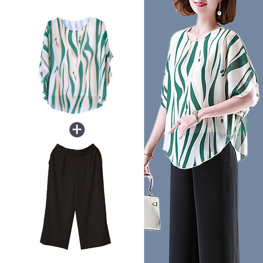 Picture of Middle-aged and elderly mother's two-piece summer 40-50 year old chiffon shirt women's top summer foreign style women's suit 60