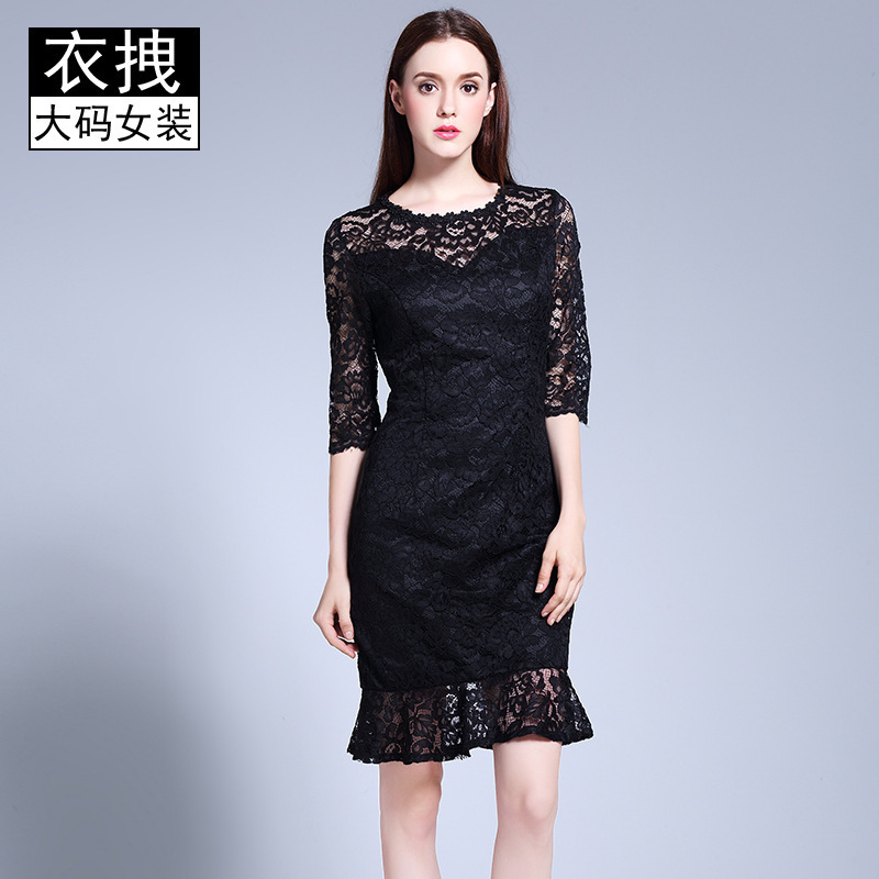 Big Sale Black Mini Dress Summer New Style Fat mm European Station Ruffled Cut Out Lace Dress Export