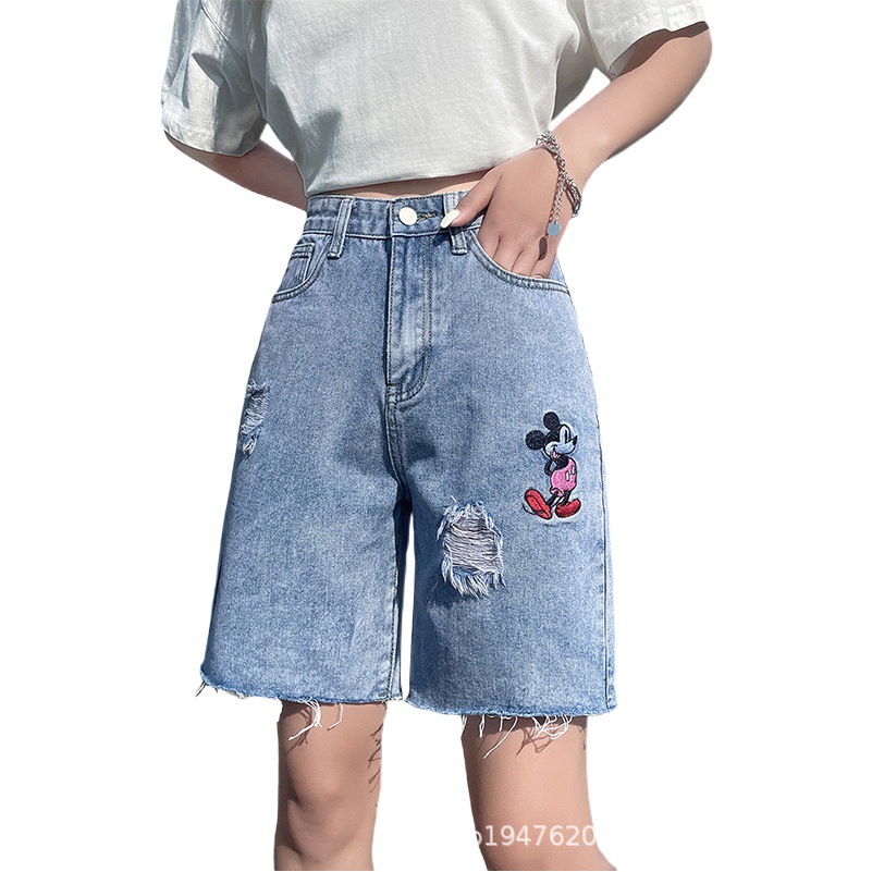 Five Denim shorts female summer 2023 new high waist hole Thin Thin Thin Thin loose straight wide leg pants