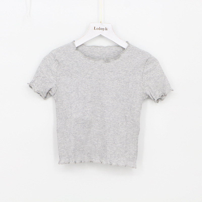 Picture of 2025 Spring and Summer New European and American Style Fashion Retro Fungus Edge Slim Short Short-Sleeved T-Shirt Tops for Women