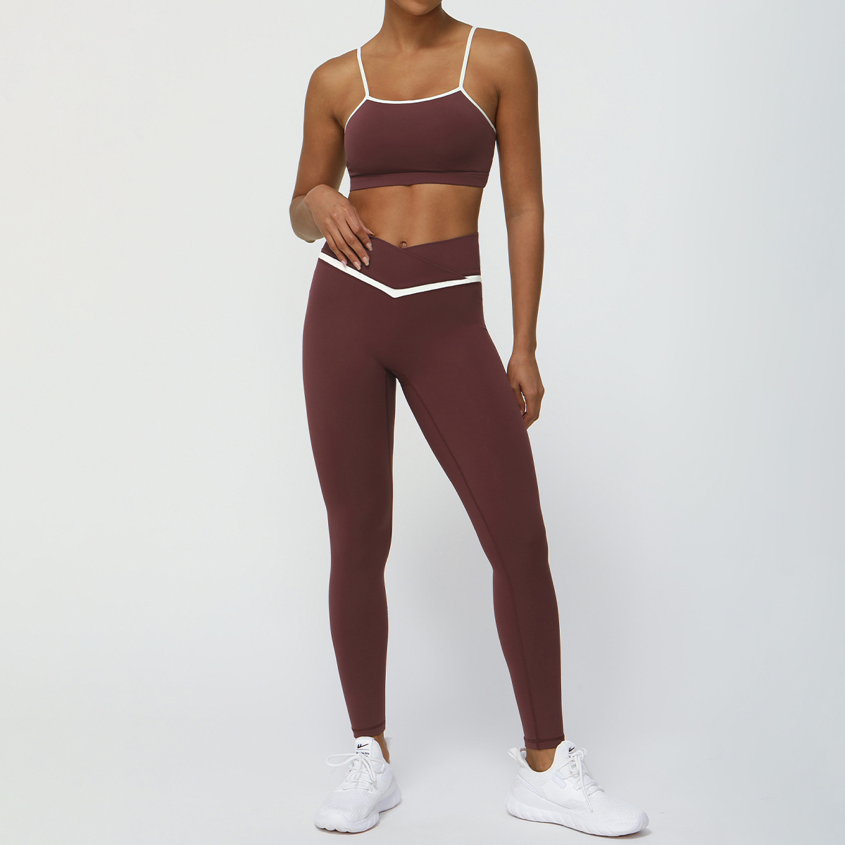 Picture of Cross-border New Contrast Color Yoga Clothing suit Naked Hip Lifter Sports Leisure Fitness Clothing suit Cross Waist Yoga Pants