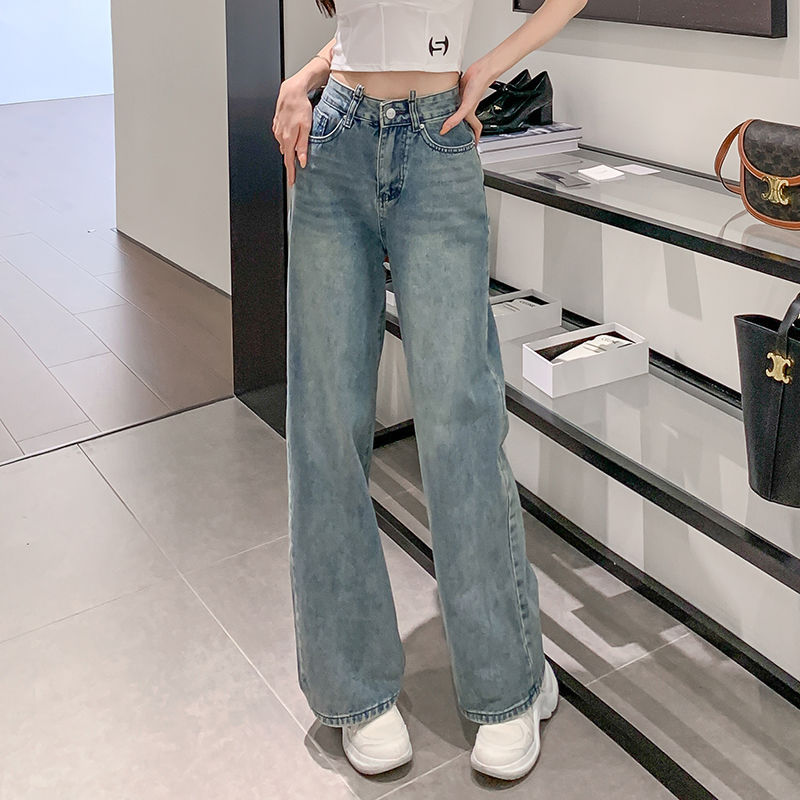 American Style Retro Draping Blue Straight Jeans Women's Spring and Autumn High Waist Slimming Loose Wide Leg Ankle-length Pants
