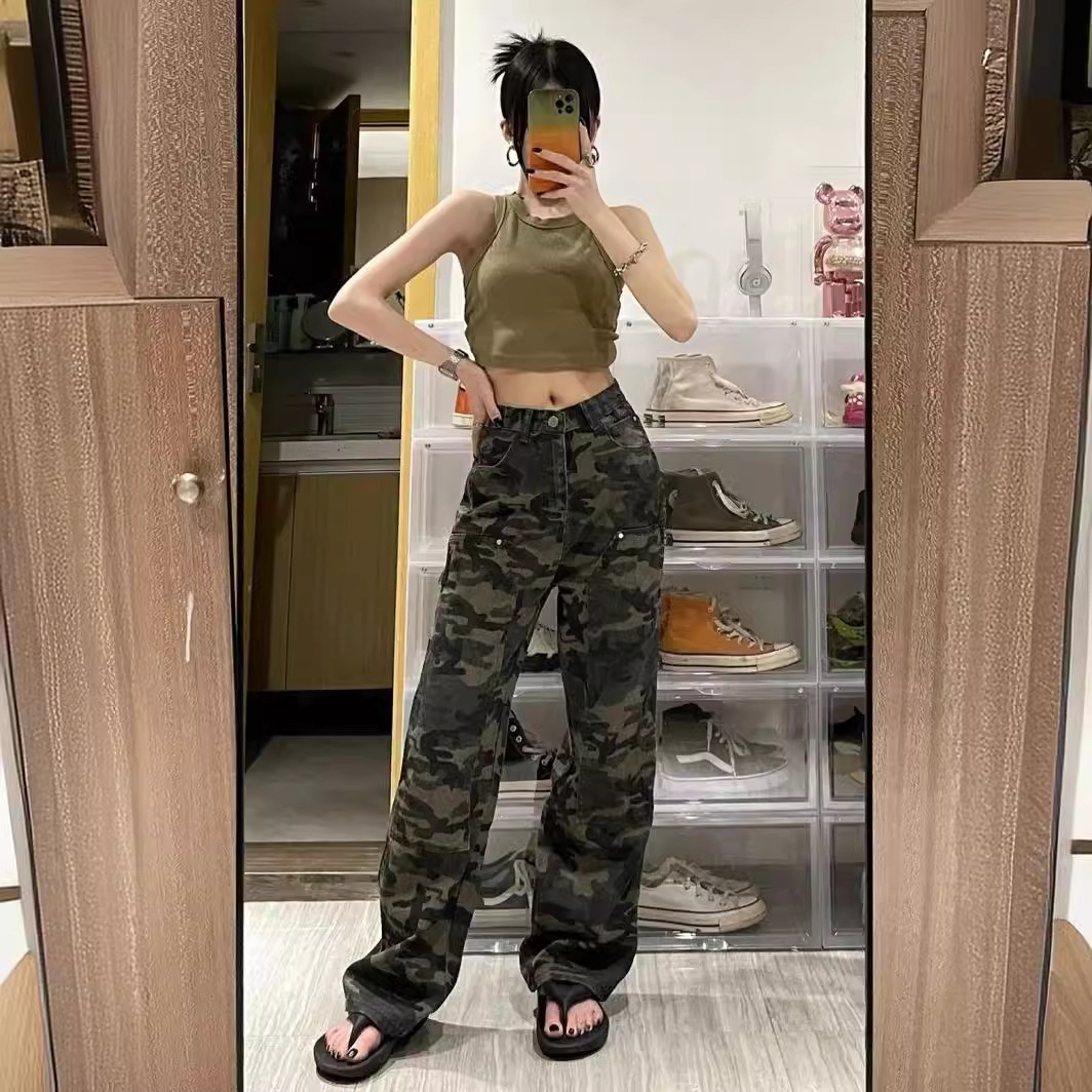 Army green camouflage jeans women's autumn ins high street new loose Korean version slimming tie-dye straight wide-leg pants