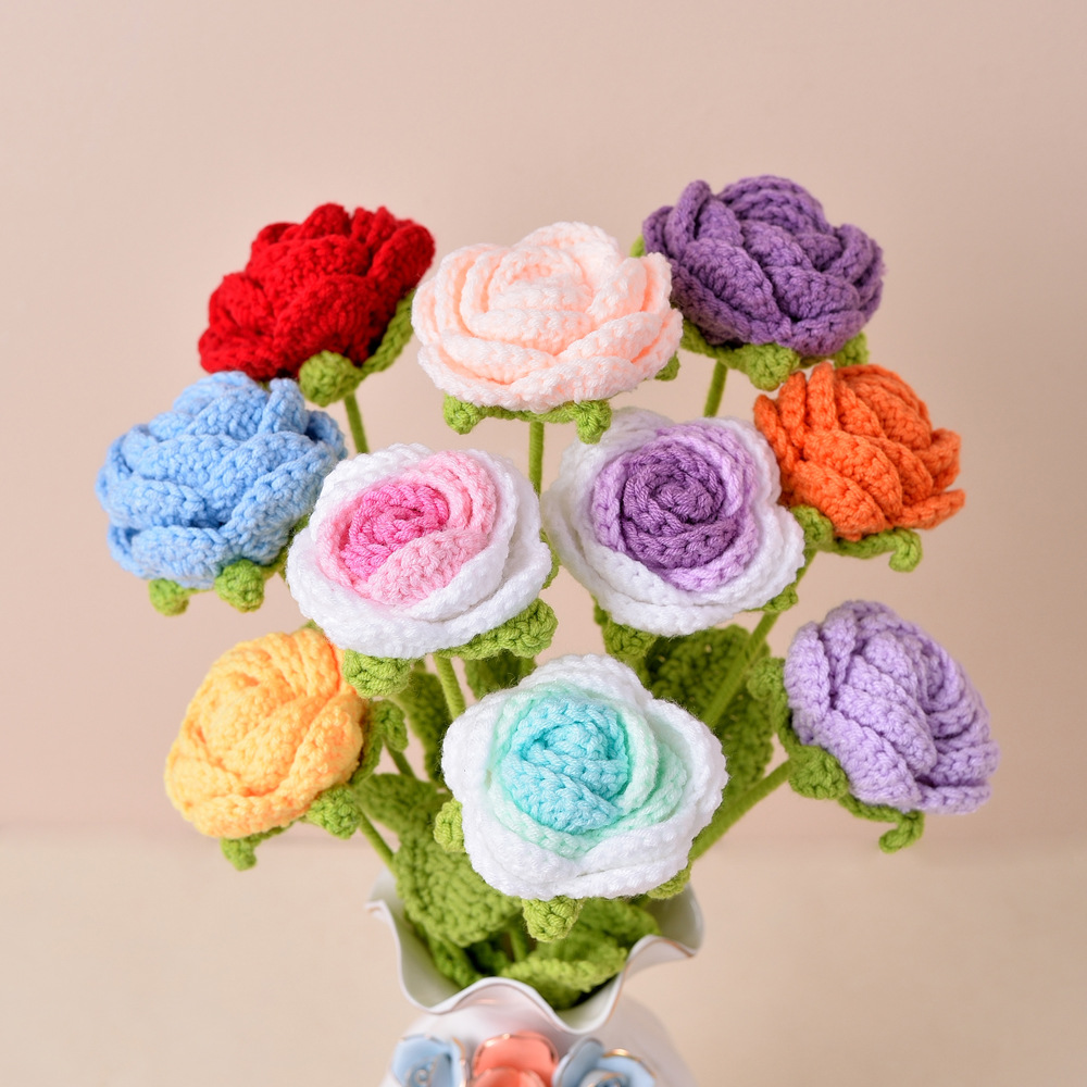 Picture of Finished Hand-Knitted Rose Artificial Flower Knitting Flower Handmade Flower DIY Wool Knitting Homemade Crochet Bouquet