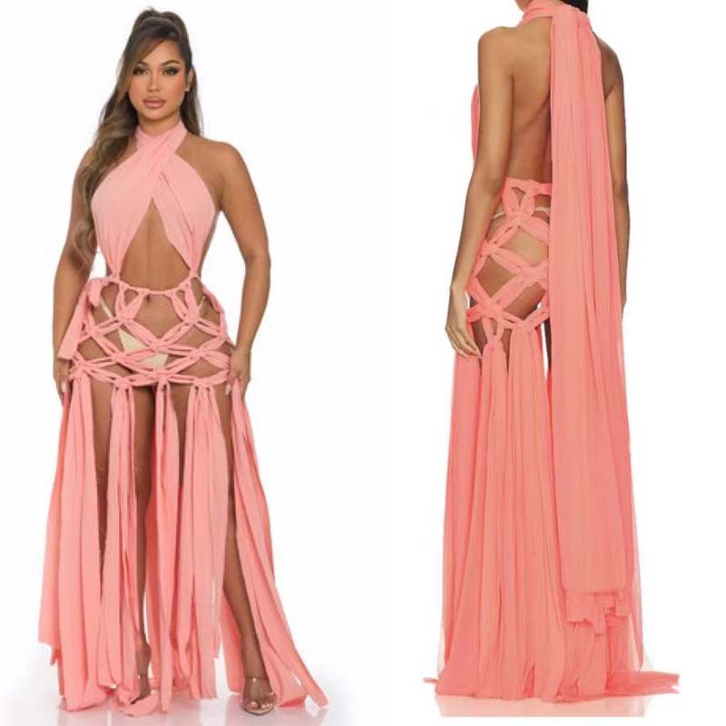 Cross-border Europe and the United States handmade variety of wearing sexy strap shrimp skin color dress dress bridesmaid dress 2024