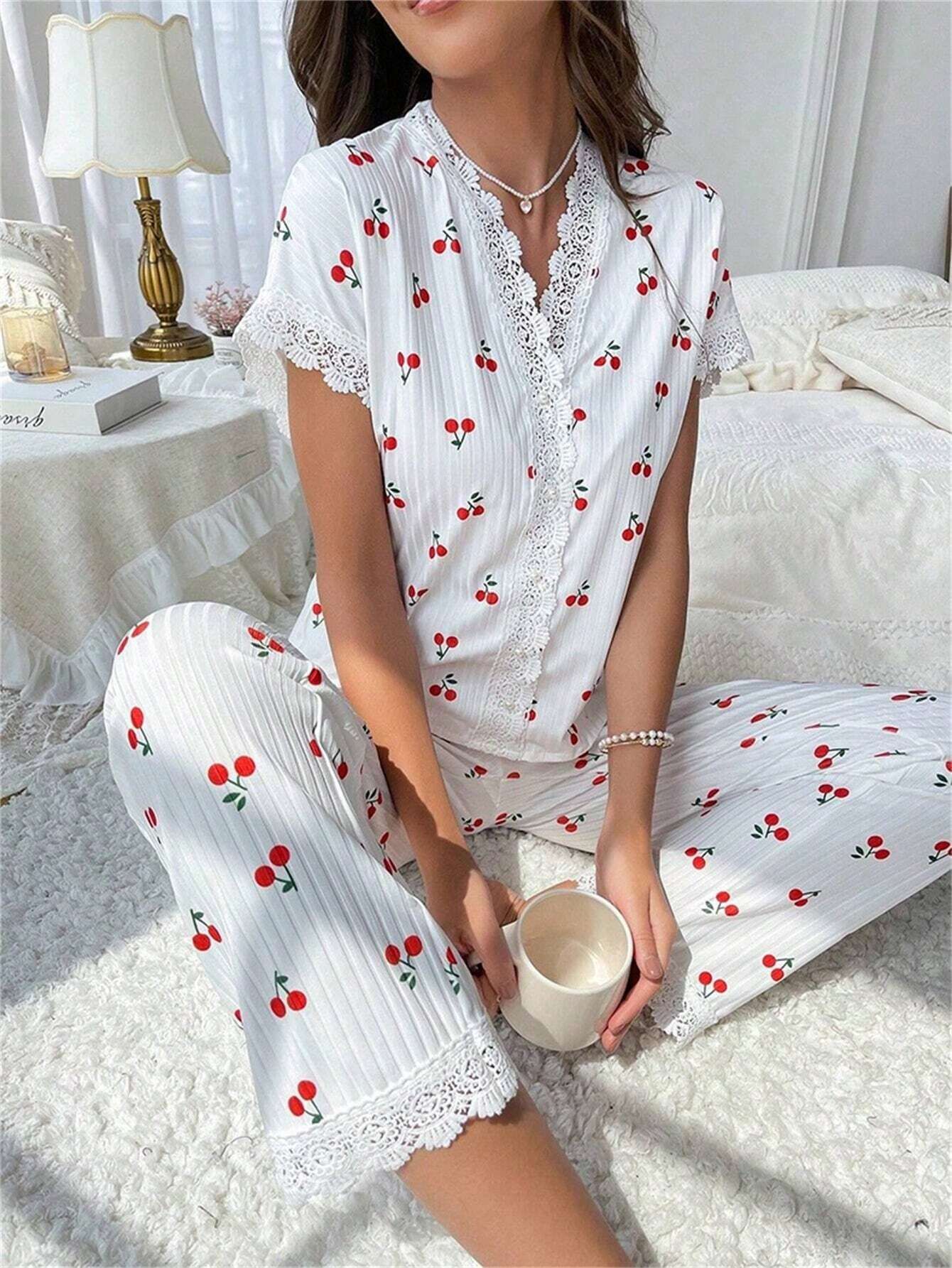 Picture of European and American Cross-Border Best-Selling Women's Home Clothes Cherry Print Water-Soluble Embroidered Edge Short-Sleeved Trousers Can Be Worn Outside Pajamas for Women