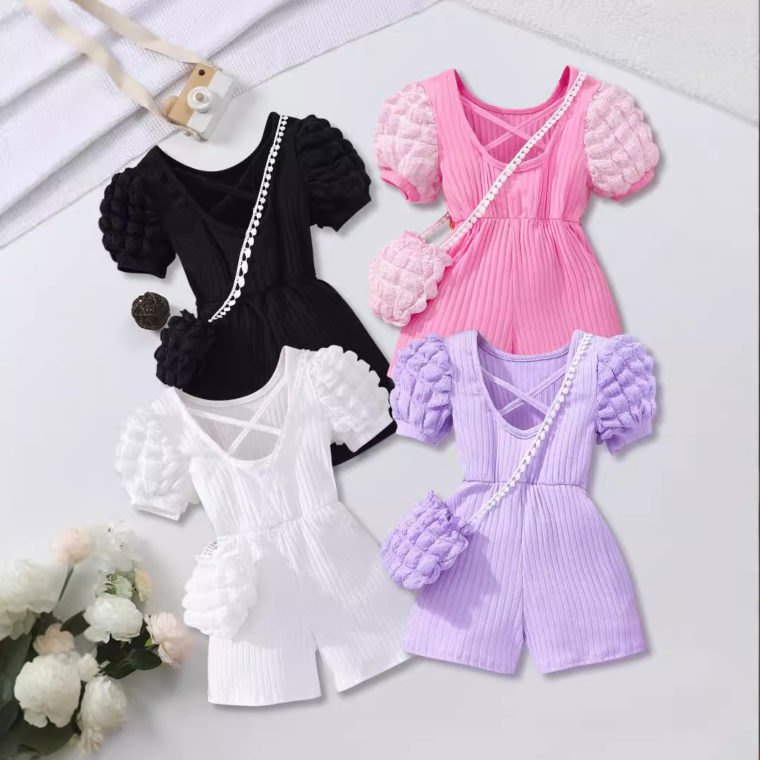 Children's Puff Sleeve Pit Back Crossover Pants with Bag