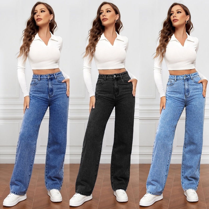 New Cross-border European and American High Waist Washed Women's Jeans Amazon Long Fashion All-match Straight Leg Pants