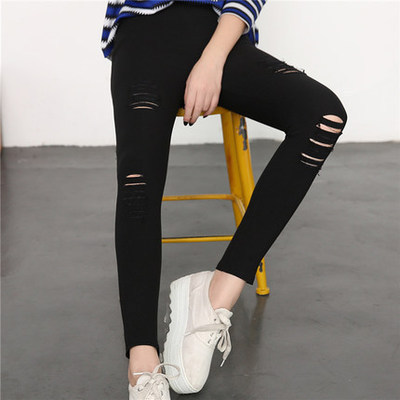 Picture of Ripped Imitation Jeans Women's High Waist Leggings Outer Wear Thin plus size Leggings Black Pencil Pants Spring and Summer Pants