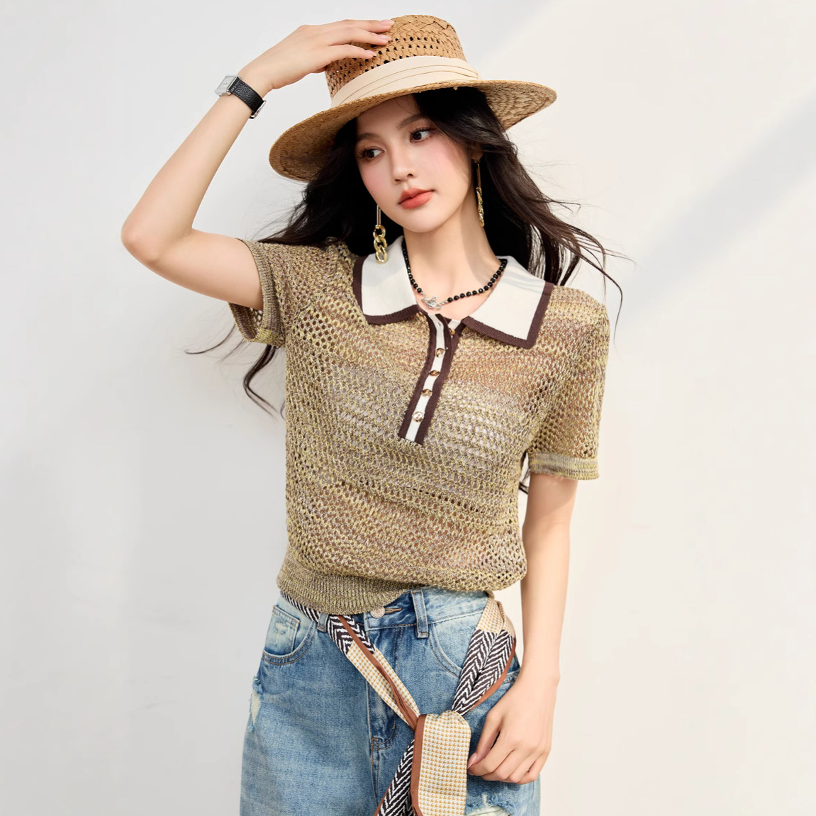 Unique Design Lapel Color-Block Top for Women 2025 Summer New Short-Sleeve Sweater Trendy and Super Stylish