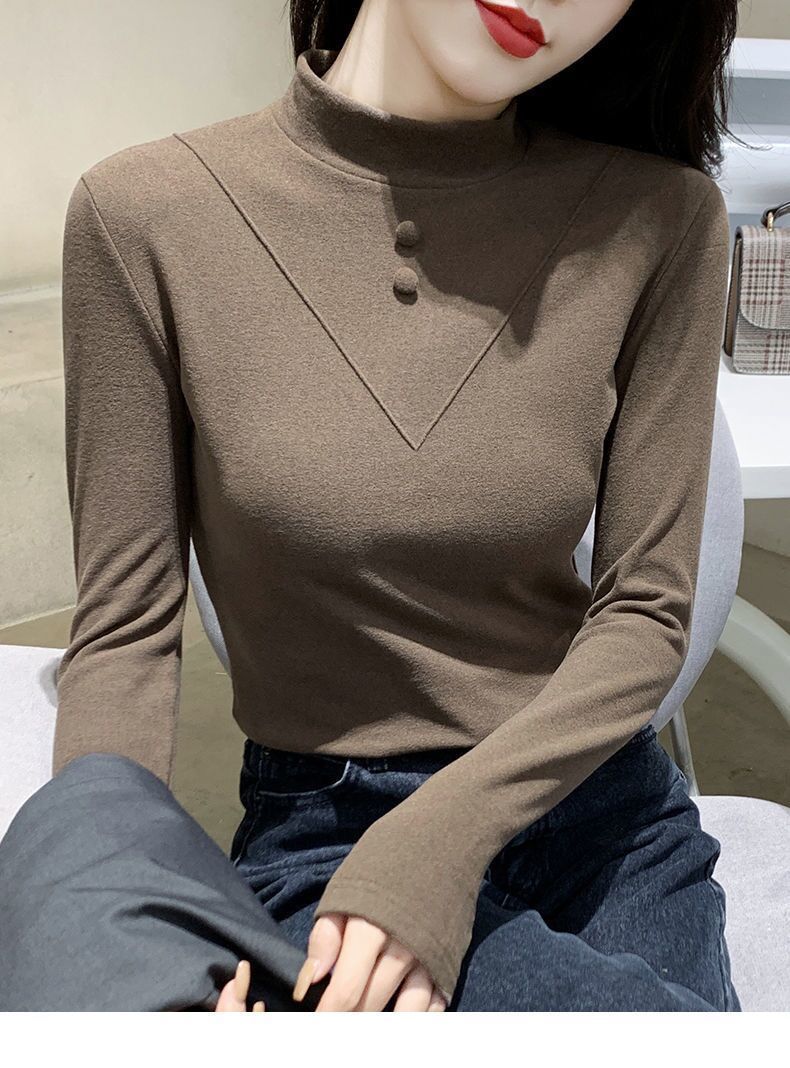 Picture of 1*1 Threaded Double-sided Velvet New Half-high Collar Women's Long-sleeved Top Autumn and Winter Slim-fit Inner Brushed Warm Shirt
