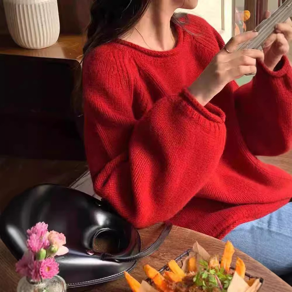 Korean Style Curled Soft Waxy Thick Needle Sweater Women's Early Autumn Loose Lazy Style Pullover Sweater Top Thickened