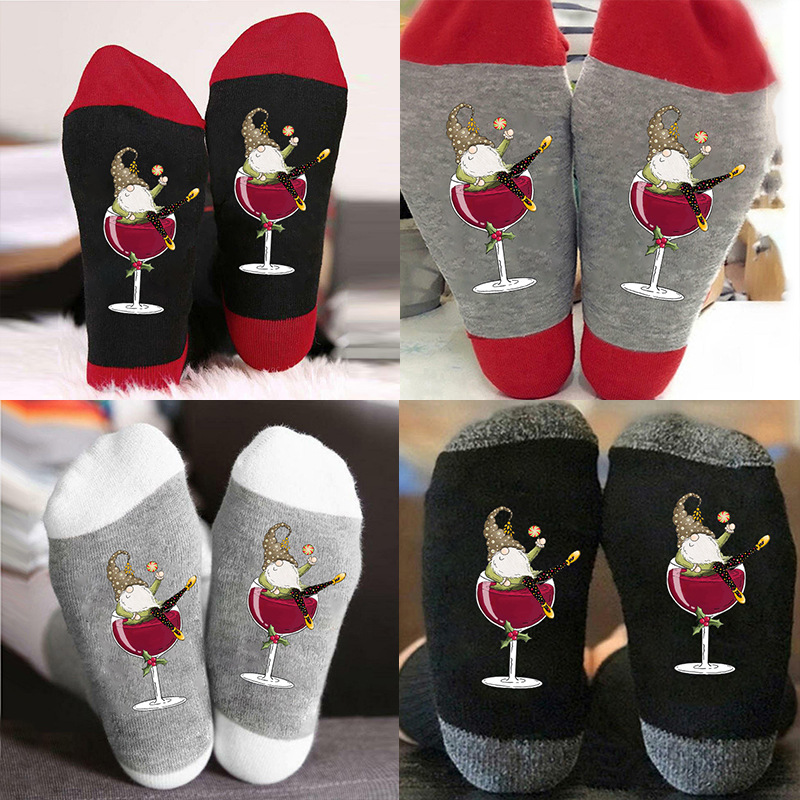 Cross-border autumn and winter cotton socks men and women's personality red wine glass leisure tube socks ins fashion color matching breathable stockings wholesale