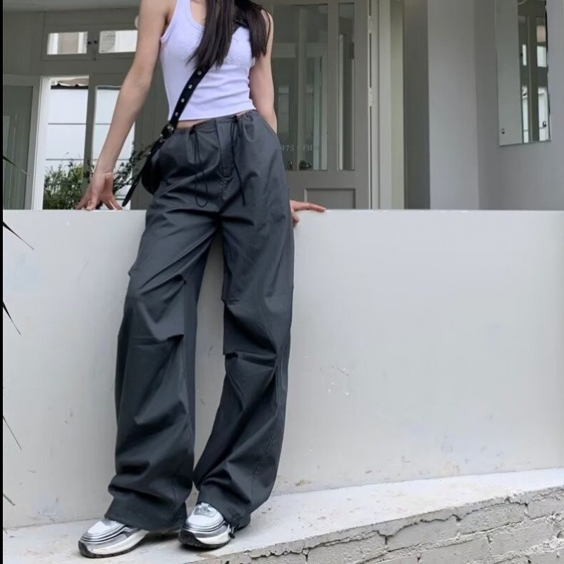 Cross-border 2024 New Retro High Waist Drawstring Straight Leg Pants Women's Summer Loose Wide Leg Pants Slim Look Long Overalls