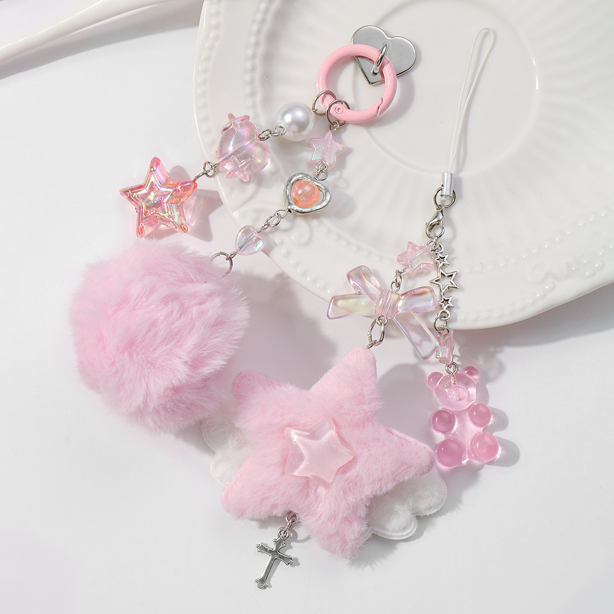 Cross-border explosions sweet cute girl pink plush ball star wings bear love bag pendant mobile phone pendant