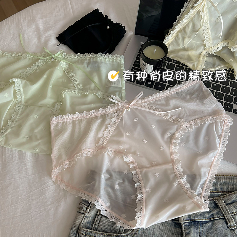 Sexy lace mid-waist girl's underwear women's breathable comfortable translucent jacquard mesh bow women's briefs