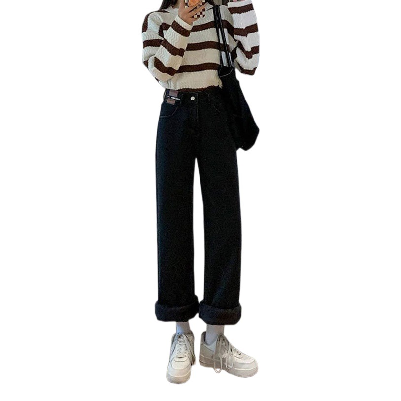 Fleece-lined jeans women's autumn and winter American small high waist loose thick straight warm mop wide leg trousers