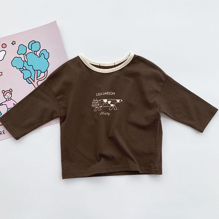 Picture of Children's Korean-style Autumn Children's Wear Top Ins Simple Color-matching Edge Lovely Long Cat Long-sleeved T-shirt for Boys and Girls