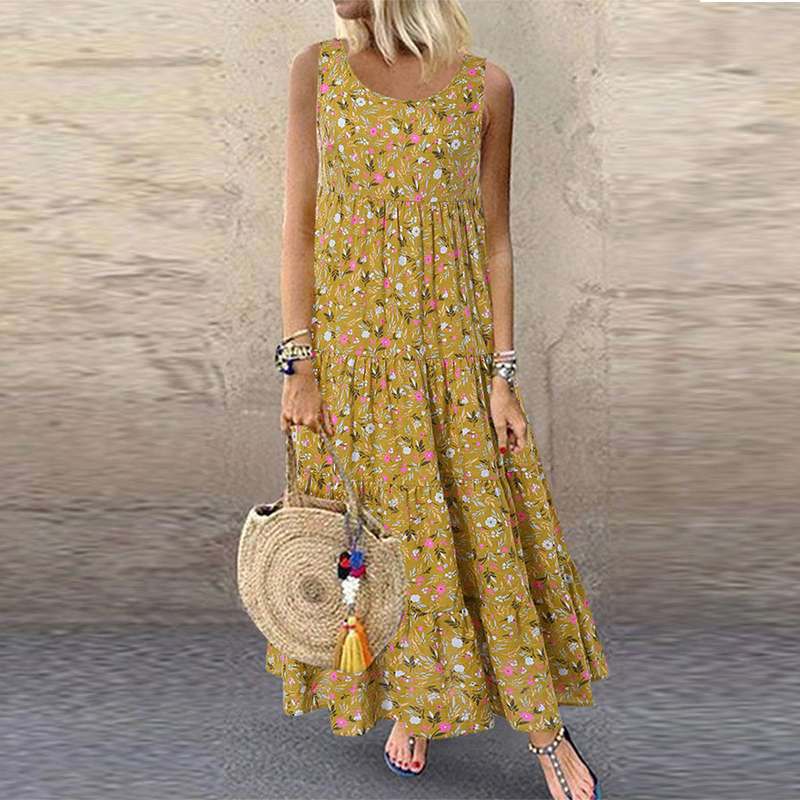 2023 Summer Amazon Independent Station wish Floral Print Sleeveless Loose Long Dress Bohemian Casual Dress NV