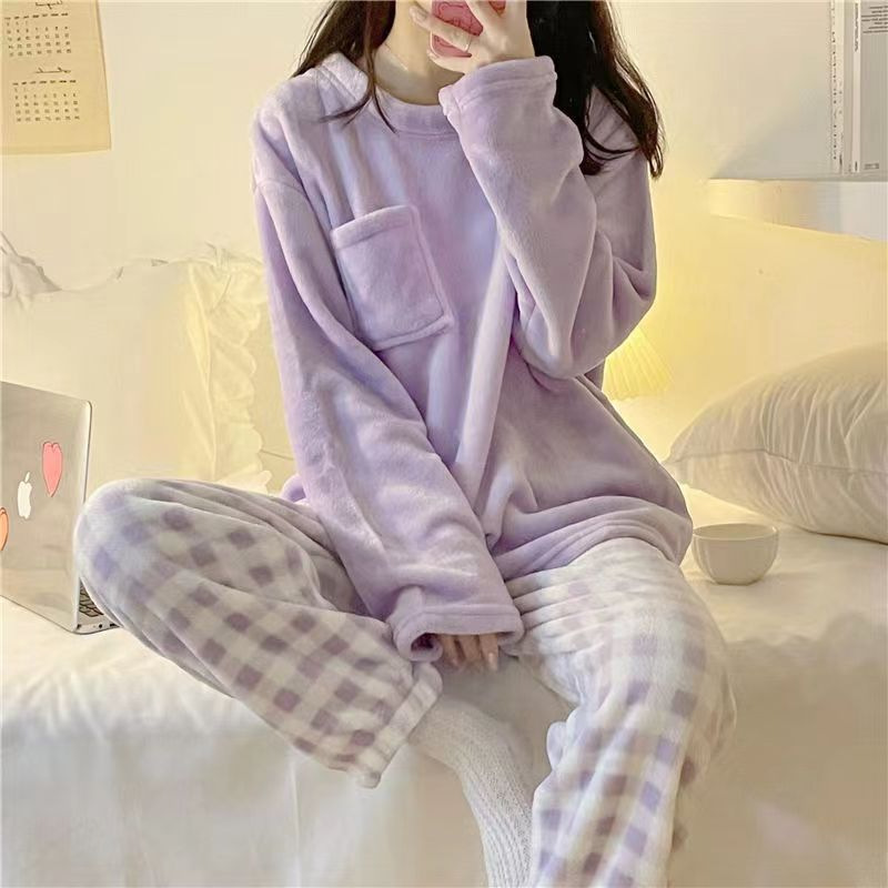 2024 Pajamas Women's Winter New Round Neck Princess Solid Color Top Prellis Pants Flannel Sweet Home Clothes suit