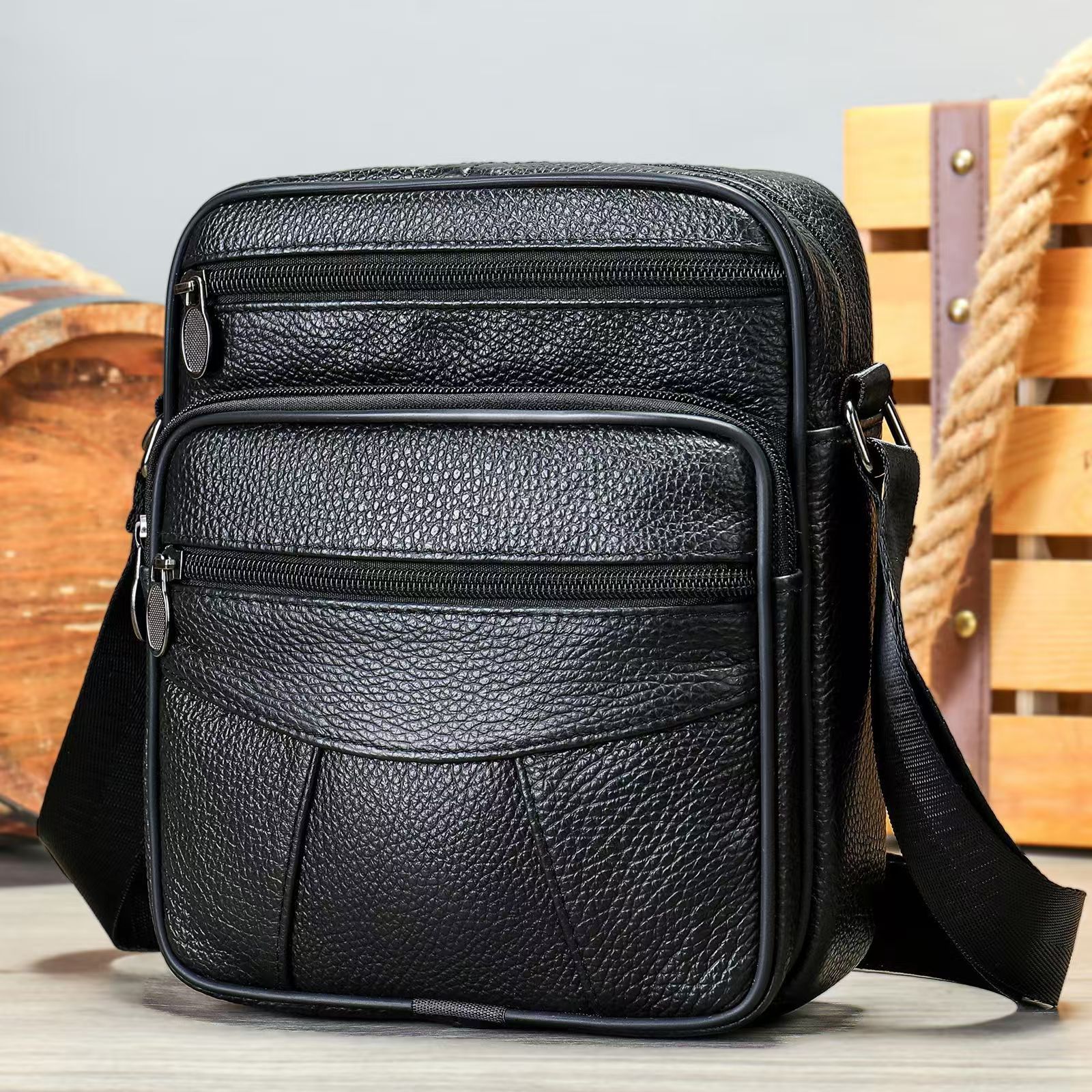 Picture of New Leather Vertical Crossbody Bag Small Bag Men's Backpack Business Shoulder Bag Men's Top Layer Cowhide Casual Small Satchel