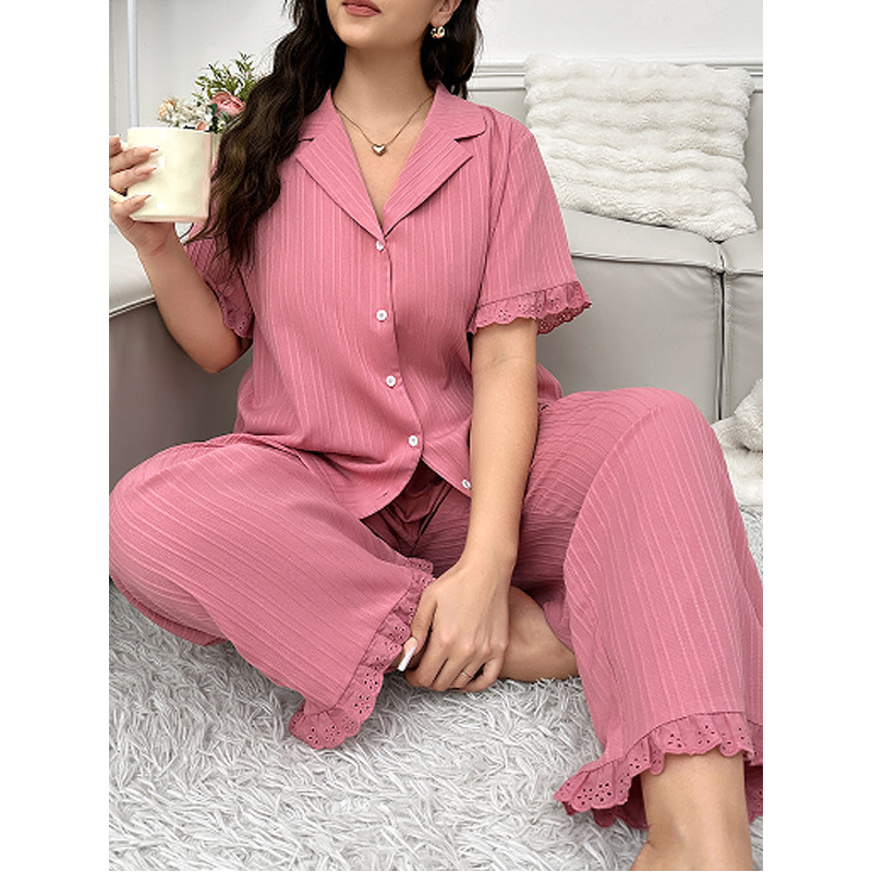 Autumn New Lapel Cardigan Pajamas Women's Suit European and American Style Lace Stitching Trousers Loose Large Size Home Clothes