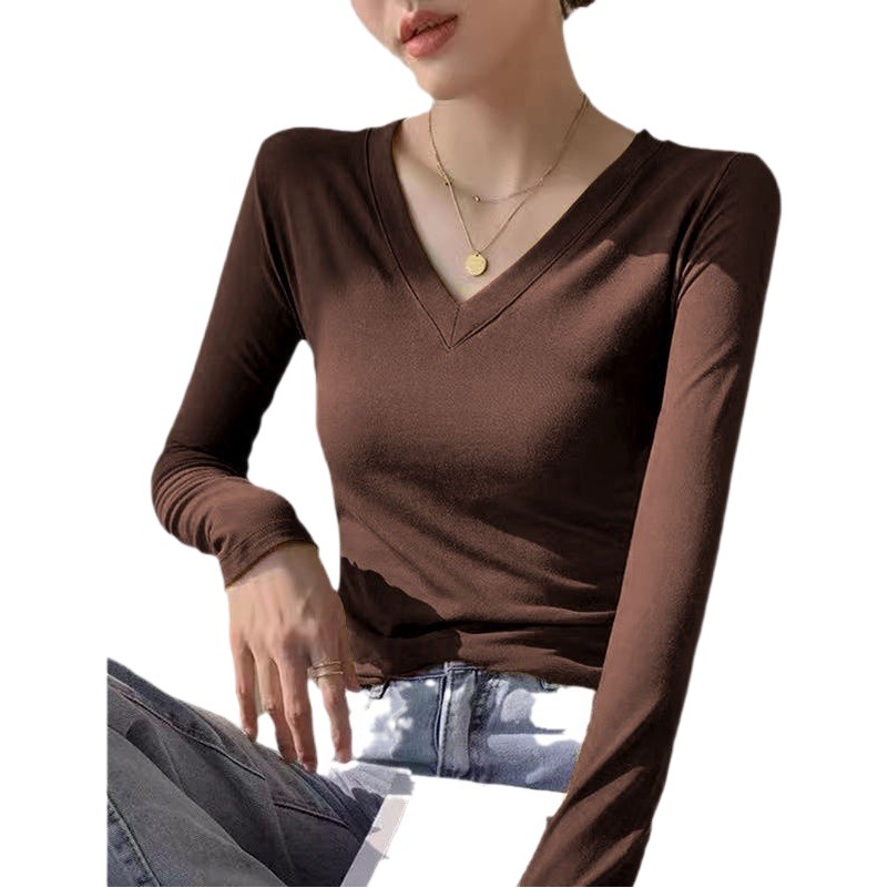 Thread solid color V-neck bottoming shirt inner wear autumn and winter New slim slimming long sleeve T-shirt women's top