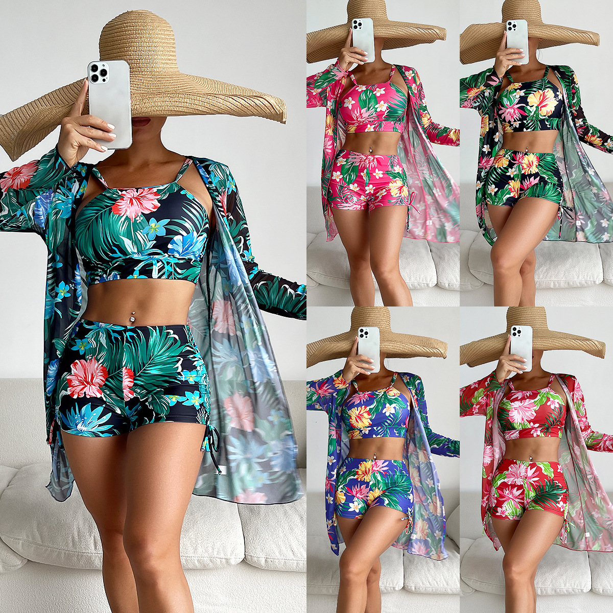 Mingyi 2024 new European and American fashion multi-color printed sexy Bikini Bikini three-piece women's swimsuit