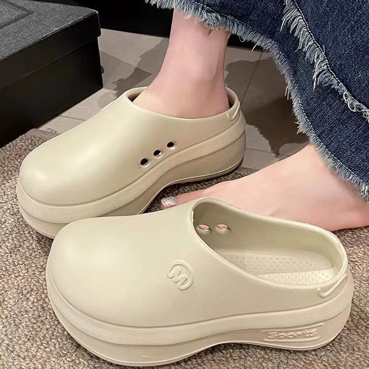 Thick-soled Baotou Half Slippers Women's Outer Wear 2024 New Arrival Lightweight Non-slip Waterproof Heightened Chef Shoes Ins Hole Shoes