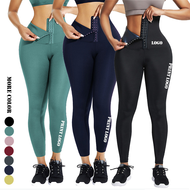 European and American plus size Women's High Waist Sports Belly Tight Tights Outer Wear Buckle-breasted Waist Base Shark Pants Leggings