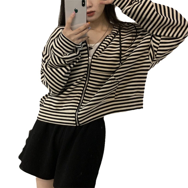Picture of Striped Hooded short sweater coat for women 2023 new winter Korean style loose zipper long sleeve top spring and autumn fashion