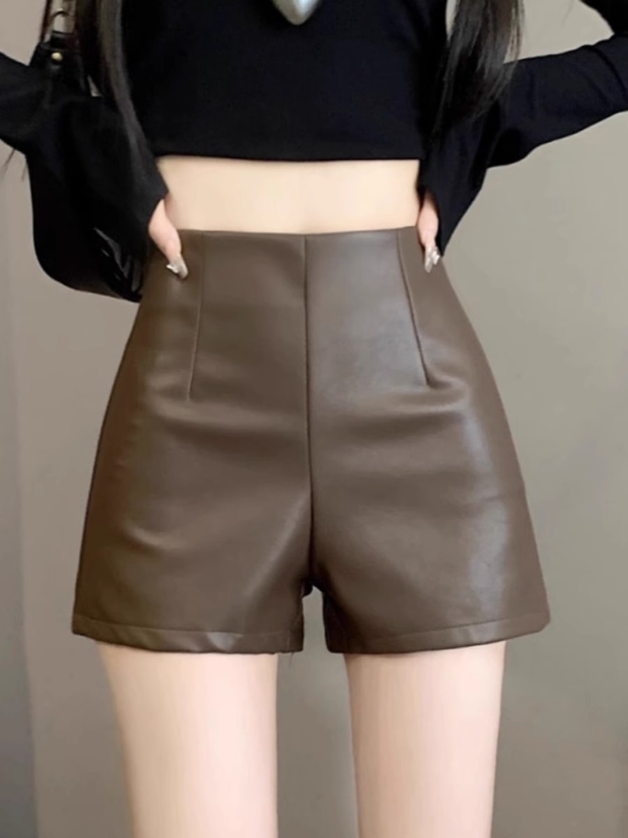 Pu Leather Shorts Women's 2023 Autumn and Winter New Slim Korean Style A-Line Pants Black Small High Waist Slim Boot Pants