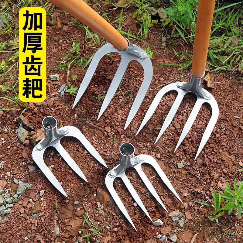New Thickened Manganese Steel Rake Agricultural Nail Rake Open up wasteland, turn over soil and weeding hoe four-tooth rake all-steel rake iron rake